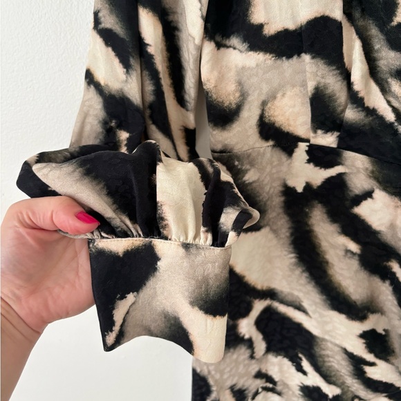 & Other Stories Black Cream Printed Shirt Long Sleeve Tie Midi Dress Size 6 - Picture 8 of 10